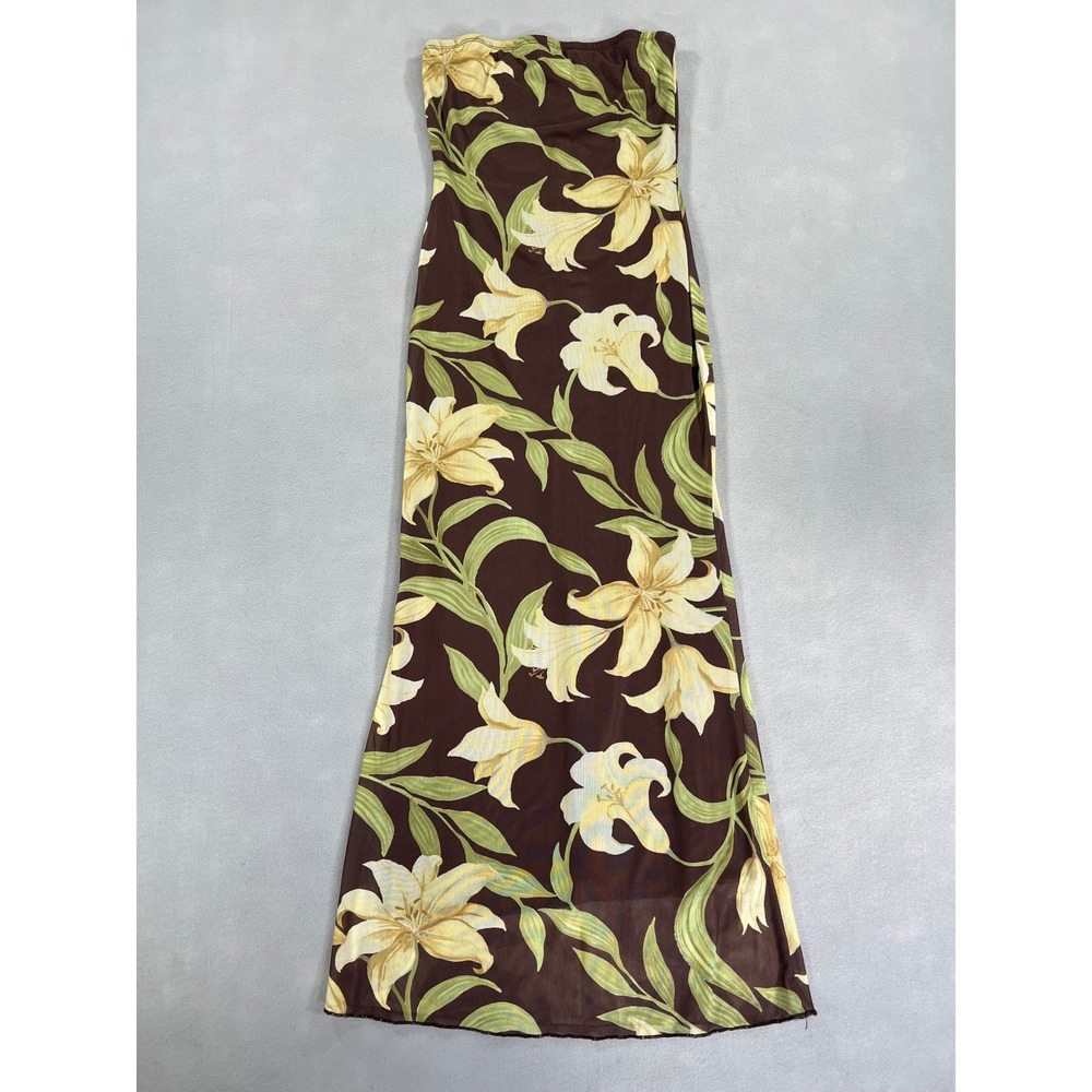 See You Monday Brown Floral Mesh Strapless Tube Maxi Dress Y2K Tropical Hawaiian